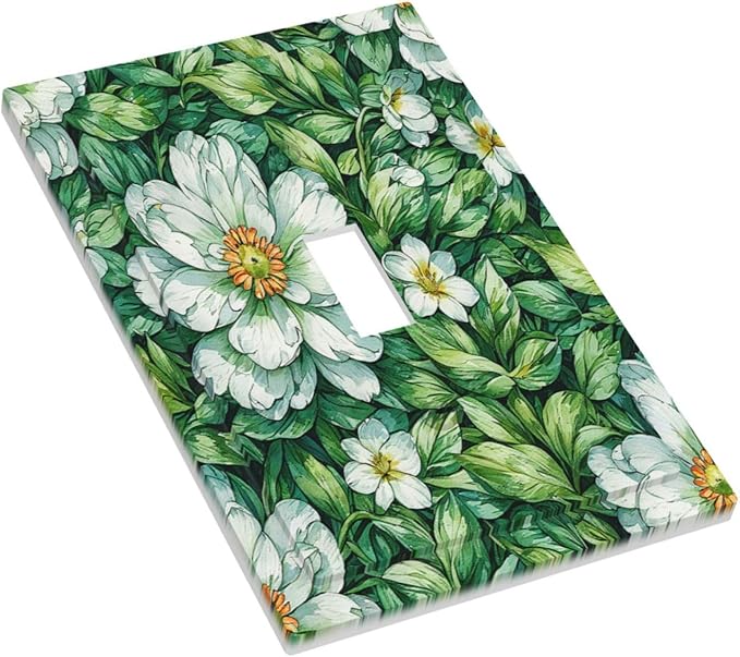 Vintage Floral White Flowers Green Plants Leaves Decorative Light Switch Cover 1 Gang Single Toggle Decorator Outlet Wall Plate Device Electrical Faceplate Switchplates for Bedroom Bathroom