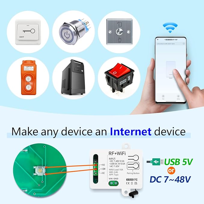 DieseRC Tuya 1 Channel WiFi Smart Switch, DC 5V 12V 24V 36V Passive Output Relay Module, with 2X RF Remote Control, Compatible with Alexa/Google Home
