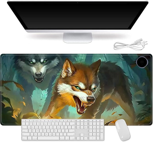 Small Heated Desk Pad 23.6" x 14.2" – Compact Electric Mouse Pad with 3 Heating Levels, Auto Shut-Off, Waterproof PU Surface, Plug-in Warmer for Office or Home Use, Forest Wolves