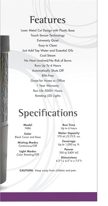 NOW Essential Oils, Metal Touch Ultrasonic Aromatherapy Oil Diffuser, Extremely Quiet and Heat Free, Color Changing LED