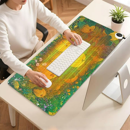 Heated Desk Pad Mouse Pad 31.5x13 Inch PU Leather Desk Mat with 3 Heat Levels Large Mouse Gaming Computer Laptop Mat Yellow Pumpkin Flower Tree