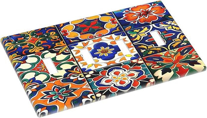 Light Switch Covers Colorful Mexican Talavera Vintage Boho Floral Quad Toggle Electrical Faceplate 4 Gang Wall Plate Decorative Switch Plates For Farmhouse Cabin Decor