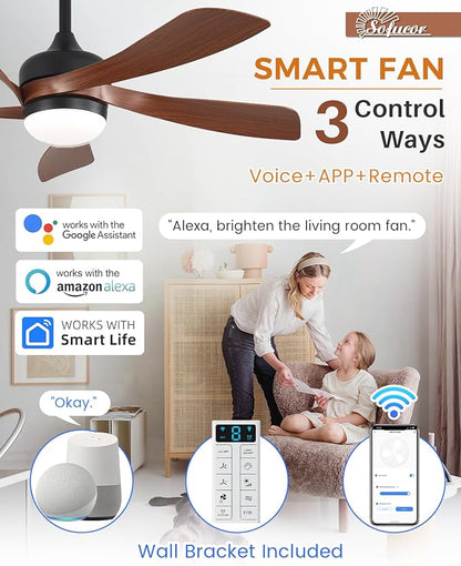 Sofucor 45" Smart Ceiling Fan, Indoor/Outdoor Ceiling Fans with Lights and Remote, Work with Alexa/Google/App, 3-Color Light 6-Speed Timing Reversible DC Motor for Bedroom Living Room Patio