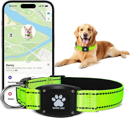 GPS Dog Collar Tracker 2-in-1,Reflective Waterproof Pet Collar,iOS-Only,No Monthly Fees,Unlimited Range,Ideal for Dog Tracking pet Tracker,for Small Medium Large Dogs(L (16.6"-24"), Green)