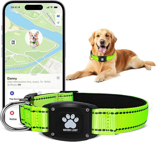 GPS Dog Collar Tracker 2-in-1,Reflective Waterproof Pet Collar,iOS-Only,No Monthly Fees,Unlimited Range,Ideal for Dog Tracking pet Tracker,for Small Medium Large Dogs(L (16.6"-24"), Green)
