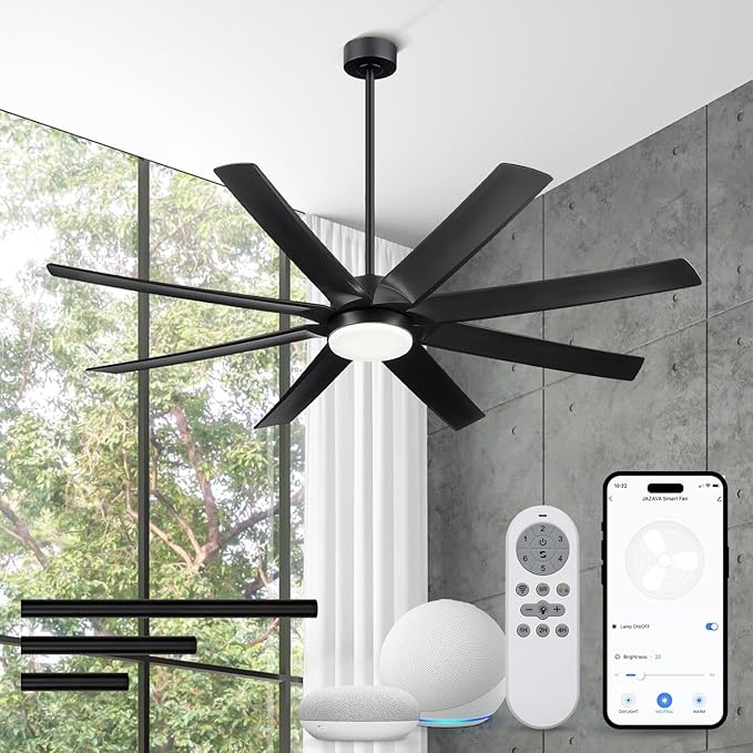 70 Inch Ceiling Fans with Lights, Smart Ceiling Fan with Voice Control, 8 ABS Blades, Reversible DC Motor, 3CCT Dimmable Black Ceiling Fan for Patio, CF01-BK