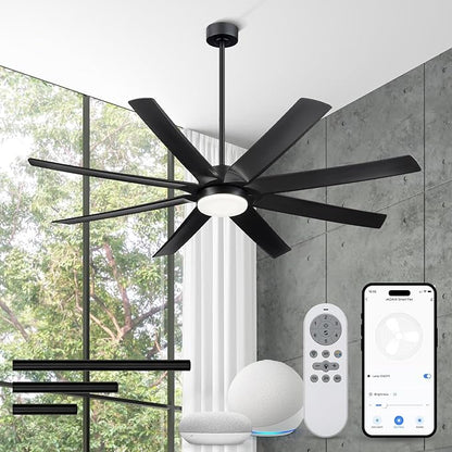 70 Inch Ceiling Fans with Lights, Smart Ceiling Fan with Voice Control, 8 ABS Blades, Reversible DC Motor, 3CCT Dimmable Black Ceiling Fan for Patio, CF01-BK