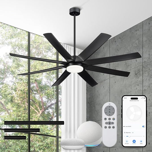 70 Inch Ceiling Fans with Lights, Smart Ceiling Fan with Voice Control, 8 ABS Blades, Reversible DC Motor, 3CCT Dimmable Black Ceiling Fan for Patio, CF01-BK