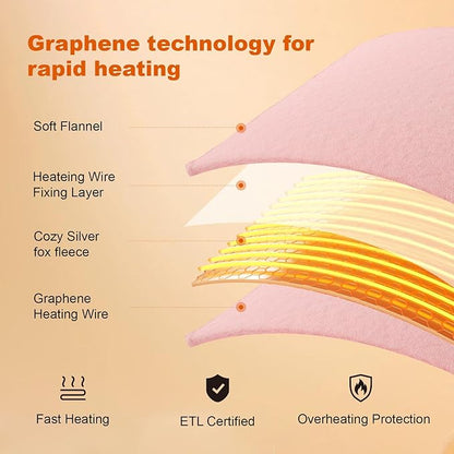 Graphene Heated Blanket Battery Operated, 20000mAh Battery 7.4V Fast Heating Blanket Portable Heated Shawl, Cordless Rechargeable Heated Shawl 3 Temperature Settings, Gift for Women (Pink)
