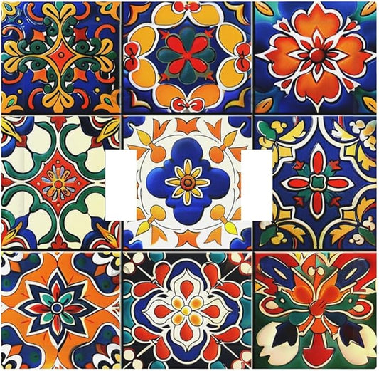 Decorative Switch Plates Colorful Mexican Talavera Vintage Boho Floral 2 Gang Double Toggle Outlet Light Switch Cover Wall Plate Electrical Faceplate For Farmhouse Cabin Decor