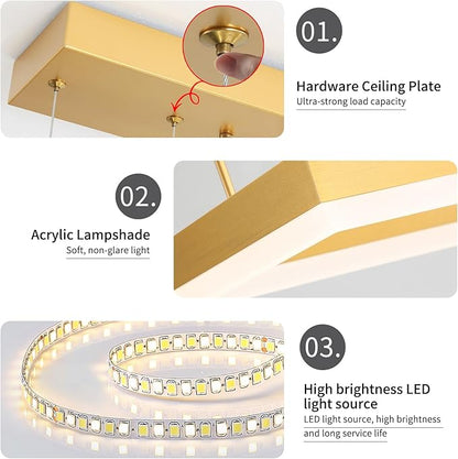 Modern Chandeliers for Living Dining Room, 3-Ring Rectangular LED Chandelier Light Fixture with Remote Control Dimming, Hanging Pendant Light with Adjustable Height, Gold
