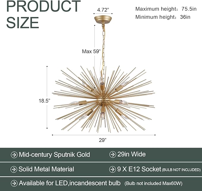 Gold Starburst Chandelier,9-Light Sputnik Chandelier Light Fixture Firework Ceiling Light for Dining Room,Bedroom,Living Room,Kitchen,Entryway,Foyer,29in