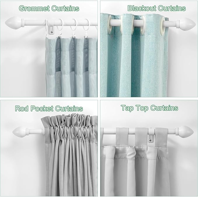 Curtain Rods for Windows 16 to 150 inches, Curtain Rod Max Adjustable Length to 158 in, Drapery Rod 1 inch Diameter with Modern Knobs Finials (White, 16" to 150" - Set of 2)