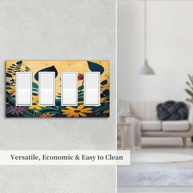 Abstract Minimalist Floral Botanical Boho Flower 4 Gang Wall Plates Outlet Covers Quad Rocker Light Switch Cover Plate Decorative Switch Plates GFCI Electrical Faceplate 4.5 X 8 IN