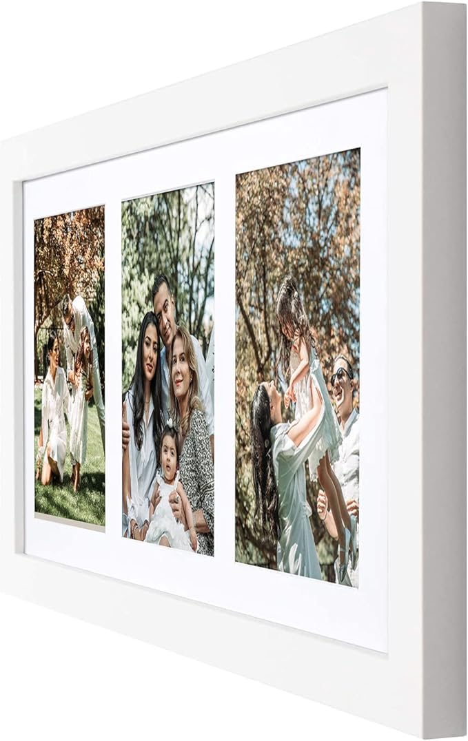 Golden State Art, Set of 10, 9x18 White Wood Frame - White Mat for Three 5x7 Pictures - Sawtooth Hangers- Swivel Tabs - Wall Mounting - Landscape/Portrait - Real Glass - Collage Frame