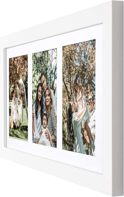 Golden State Art, Set of 10, 9x18 White Wood Frame - White Mat for Three 5x7 Pictures - Sawtooth Hangers- Swivel Tabs - Wall Mounting - Landscape/Portrait - Real Glass - Collage Frame