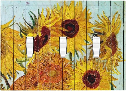 Decorative Switch Plates Sunflowers Oil Paintings Wood Floral 3 Gang Wall Plate Triple Toggle Light Switch Cover Faceplate Electrical Wall Panels For Farmhouse Bed Room Decor