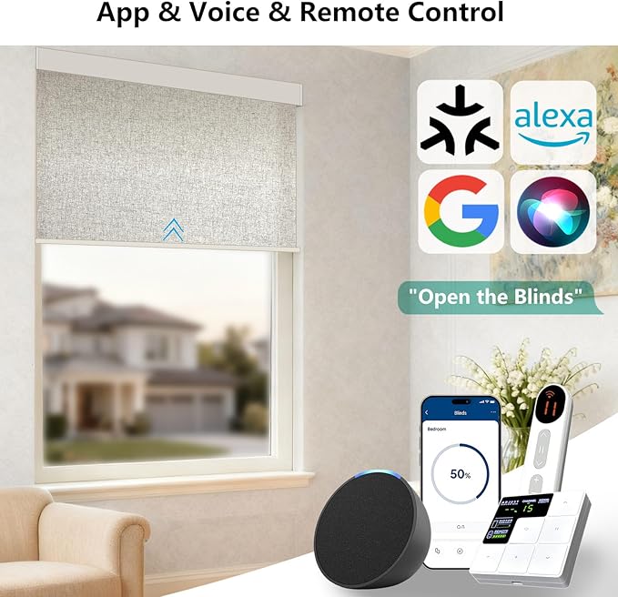 Smart Motorized Blinds – 70% Blackout Roller Shades with Remote, Alexa/Google Home/Siri Control, Matter Compatible, Wireless Rechargeable Battery, Custom Sizes for Windows & Sliding Doors