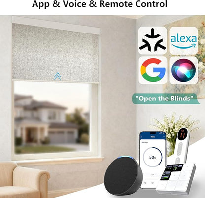 Smart Motorized Blinds – 70% Blackout Roller Shades with Remote, Alexa/Google Home/Siri Control, Matter Compatible, Wireless Rechargeable Battery, Custom Sizes for Windows & Sliding Doors