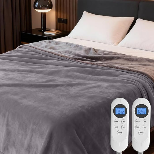 Heated Blanket Electric Blanket Queen 84"x90" Dual Control Flannel Heating Blanket with 12 Heat Levels 12H Timer Auto Shut-Off Overheat Protection Soft & Cozy Machine Washable (Queen (84"x90"))