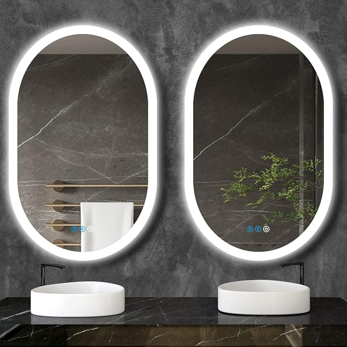 36 x 24 Inch Oval Backlit Mirror 3 Color Adjustable Brightness Backlits Oval Lighted Vanity Mirror for Bathroom Wall Horizontal Vertical Mount Antifog 36" Frameless LED Backlit Ovals Mirrors