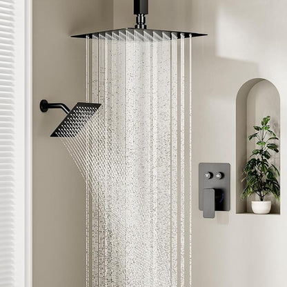 Shower Faucets Sets Shower System Matte Black, STARBATH 12" Ceiling Mount Rain Showerhead and 8" Wall Mounted Rainfall Shower for Couples, On Off Button Valve Dual Head Shower Systems Complete