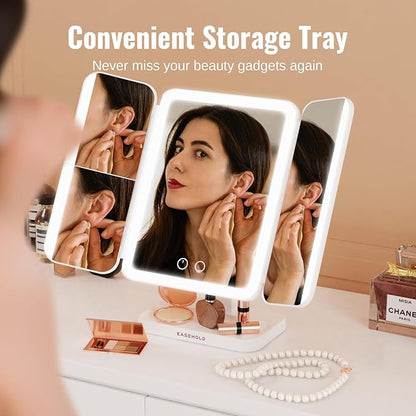 EASEHOLD Makeup Mirror with Lights, Rechargable Lighted Vanity Mirror with 116 LEDs, 1X/2X/3X Magnifying, 3-Color Mirror with LED Lights,5000 mAh Lighted Makeup Mirror, Adjustable Brightness/Angle