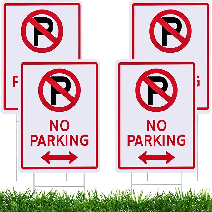Kigley 4 Pcs No Parking Signs with H Stake 14 x 10" Plastic Waterproof Double Sided No Parking Outside Signs, Weatherproof and Fade Resistant, Easy to Mount