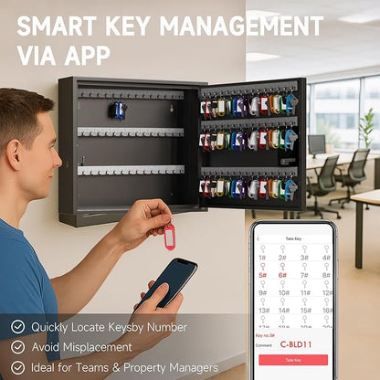 WeHere Smart Key Lock Box, Wall Mounted Key Cabinet with 90 Key Tags, Bluetooth App Control, OTP & Password Unlock, Wi-Fi Remote Unlock (Bridge Required), Steel Key Safe for Office Home Business