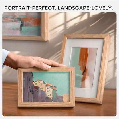 Homeforia 9x11 Picture Frame Wood, High End Natural Oak 9 x 11 Light Wooden Frames with Mat 6 by 8 in Photo, 9by11 Frame Matted to 6x8 Print, Wall or Tabletop Frame, Tempered Glass, Wall Kit, Set of 1