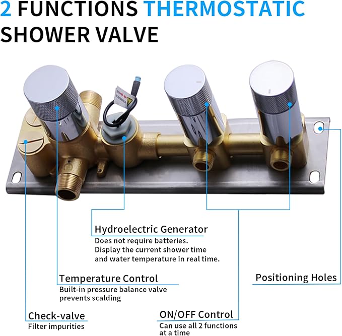 HONGTONGSOWER 2 Way Shower Diverter Valve Brass 2 Functions Digital Temperature Display Thermostatic Shower Mixing Valve Kit 3 Handle Flow Cotrol Valve, Can Run Simultaneously Chrome