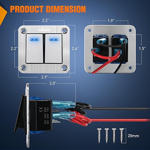 Nilight 2 Gang Rocker Switch Panel 3 Pin On Off Pre-Wired Blue LED Waterproof Aluminum with DIY Stickers for 12V 24V Automotive Cars Marine Boats UTV Truck Jeeps