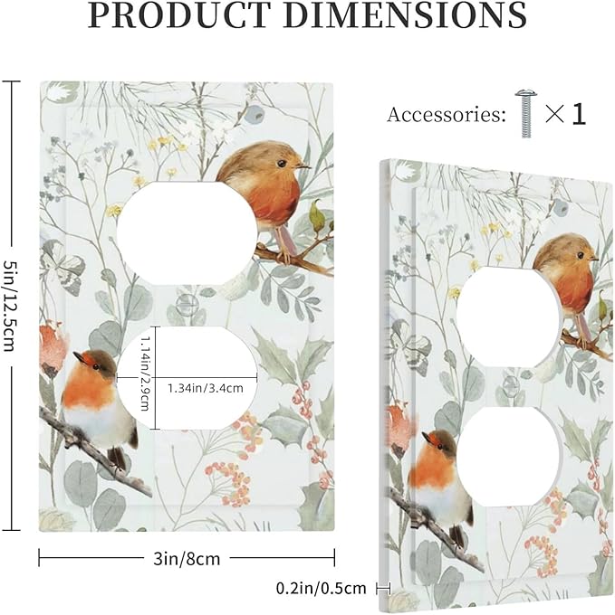 Outlet Covers Red Floral Berries Colorful Bird Plant 1 Gang Duplex Light Switch Cover Decorative Switch Plates Electrical Receptacle Faceplate Wall Plate For Bed Room Living Room Decor