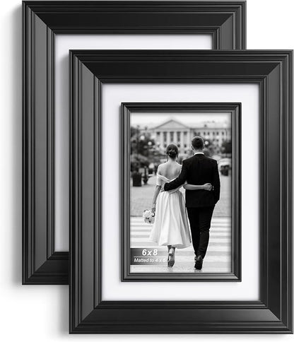 Yaetm 6x8 Black Picture Frame with Decorative Inner Frame & Tempered Glass, Display 4x6 Photos with Mat - Portrait or Landscape - Tabletop & Wall Mount for Office & Home Décor (Black, 2 Pack)