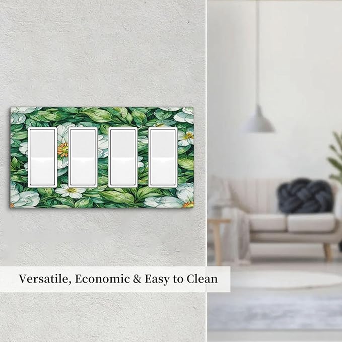 Vintage Floral White Flowers Green Plants Leaves Wallplates 4 Gang Quad Rocker Decorative Light Switch Covers Electrical GFCI Faceplate Switch Plate for Bedroom Bathroom Decor