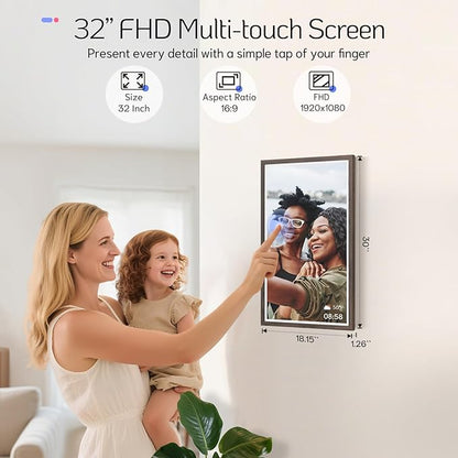NexFoto Large Digital Picture Frame 32 Inch Touchscreen, 64GB WiFi Electronic Photo Frame FHD 1920 * 1080, Add Photos from Google Photos, Share Videos, Gifts for Christmas/Mom/Grandparents, Dark Wood