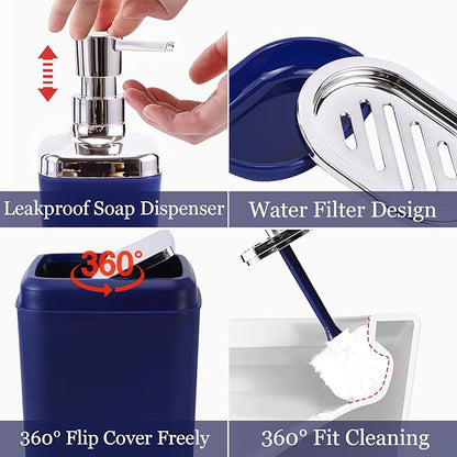 Blue Bathroom Accessories Set, Bathroom Sets with Shower Curtain, Navy Blue Bathroom Accessories with Trash Can, Soap Dispenser, Soap Dish, Toilet Brush Holder, Qtip Holders for Bathroom