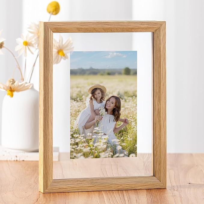 Axeman 5x7 Floating Picture Frame - Solid Oak Wood Picture Frame, Double Tempered Glass Photo Frame 2x3 4x6 5''x7''Wood Frame, Wall Mount Or Tabletop Standing, Natural
