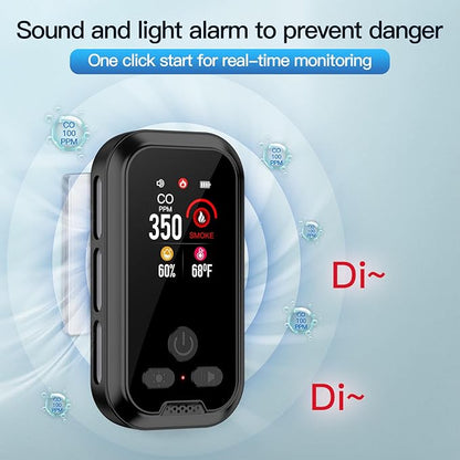 4IN1 Plug in Smoke & Carbon Monoxide Detector Combination Builti-in 2000 mAh Backup Battery HD Screen [Smoke CO Temp Humidity Sensor] Alarm for Home Travel Hotel Indoor (Black)