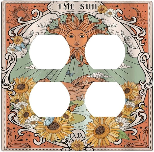 Boho Retro Sun Sunflower Vintage Flower Butterfly Outlet Covers 2 Gang Double Duplex Decorative Light Switch Covers Electrical Wallplates Socket Faceplate for Farmhouse Home Decor