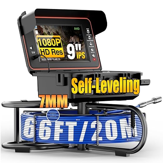Sewer Camera, Self Leveling Drain Camera 66ft with Meter Counter, 9" HD Plumbing Cameras Snake with 12 LED Lights, 5100mAh Battery, IP68 & 32GB DVR Recorder, Duct Sewer Line Pipe Inspection