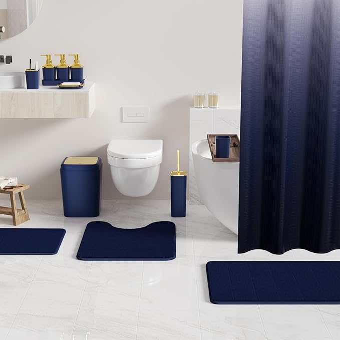 Bathroom Sets with Shower Curtain and Rugs, 27PC Bathroom Accessory Set, Blue Bathroom Set, Navy Blue Bathroom Accessories Set with Trash Can, Toilet Brush and Soap Dispensers