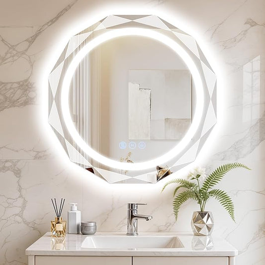 28 Inch Round LED Bathroom Mirror with Lights, Frameless Vanity LED Mirror for Bathroom with Beveled Edge, Backlit Anti-Fog, Dimmable, 3 Colors, Memory Function, Tempered Glass, Shatter-Proof