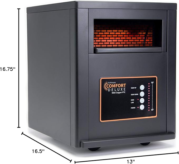 Comfort Deluxe by Airnmore, with Copper PTC, Infrared Space Heater with Remote,1500W,ETL Listed with High and Low Settings, Good for Small to Large Room's, 2-year warranty.