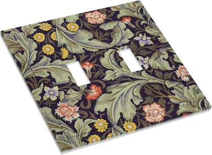 Boho William Morris Floral Green Leaves Flower Decorative Switch Plates 2 Gang Double Toggle Outlet Light Switch Cover Wall Plate Electrical Faceplate for Farmhouse Home Decor