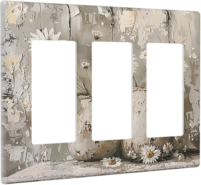 Light Switch Covers Vintage Rustic Floral White Daisy Flower Oil Painting Style 3 Gang Rocker Electrical GFCI Decorative Triple Outlet Wall Plate Cover Switchplate for Home Farmhouse Decor