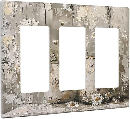 Light Switch Covers Vintage Rustic Floral White Daisy Flower Oil Painting Style 3 Gang Rocker Electrical GFCI Decorative Triple Outlet Wall Plate Cover Switchplate for Home Farmhouse Decor