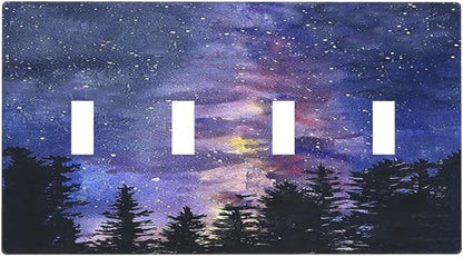 Light Switch Covers Dream Milky Way Starry Forest Pine Watercolor Painting Quad Toggle 4 Gang Wall Plate Electrical Faceplate Decorative Switch Plates for Bedroom Home Decor