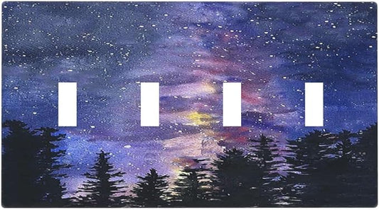 Light Switch Covers Dream Milky Way Starry Forest Pine Watercolor Painting Quad Toggle 4 Gang Wall Plate Electrical Faceplate Decorative Switch Plates for Bedroom Home Decor