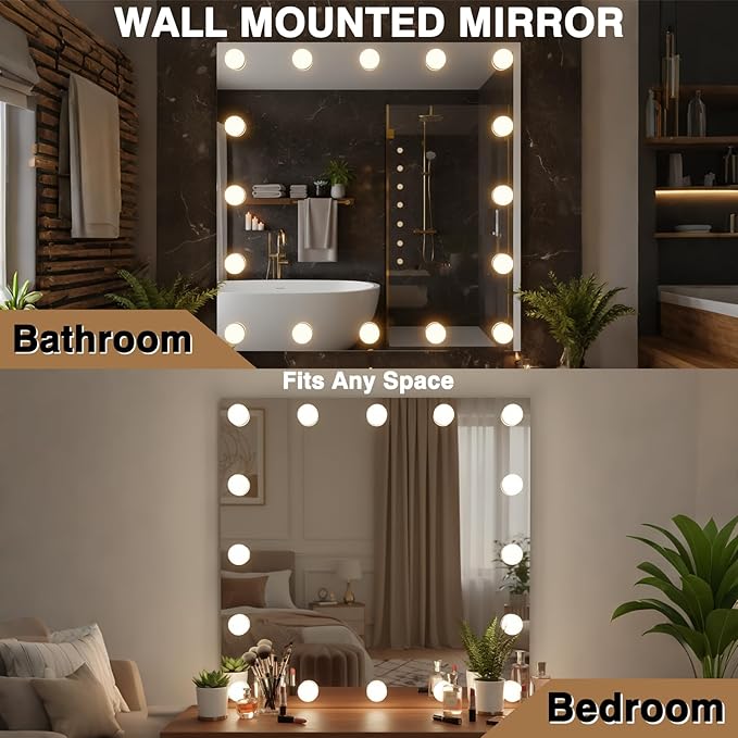 48x32 Lighted Bathroom Mirror, Hollywood Wall-Mounted Mirrors with LED Bulbs, 3 Color Temperatures and Step-Less Dimming, IP54 Enhanced Anti-Fog, Corrosion Proof, Touch Sense